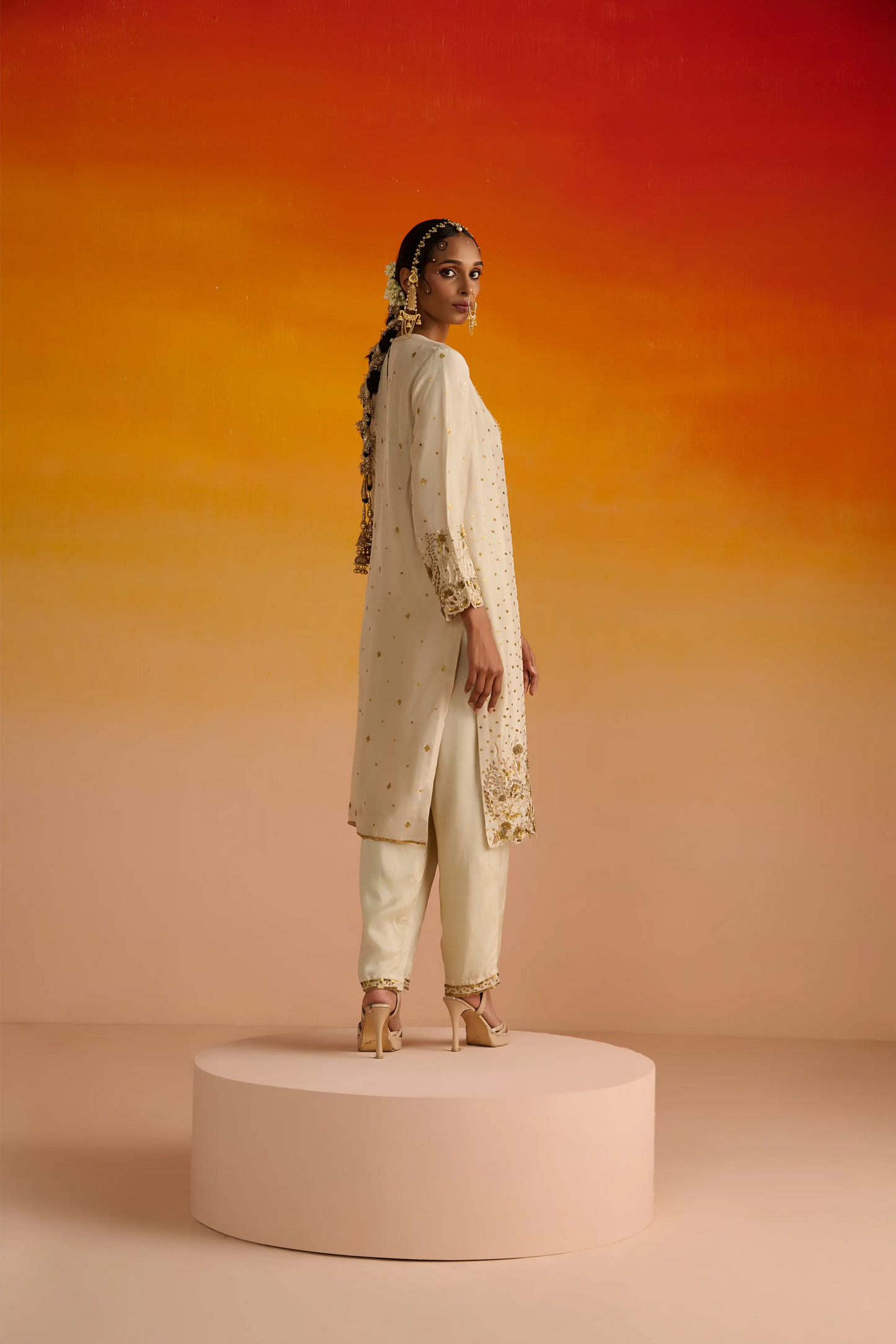 Light Yellow Opara Silk Hand Embroidered Kurta Set