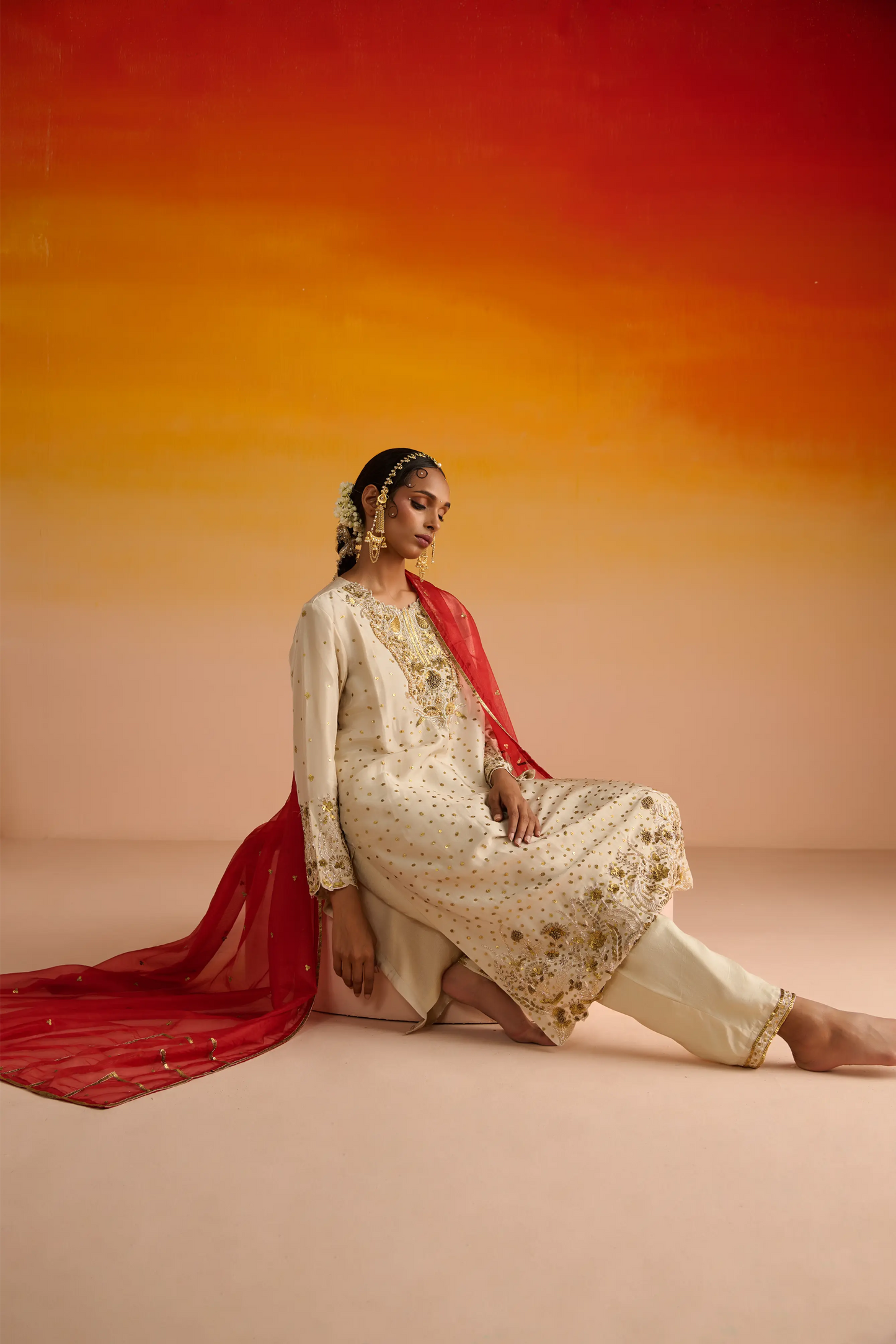 Light Yellow Opara Silk Hand Embroidered Kurta Set