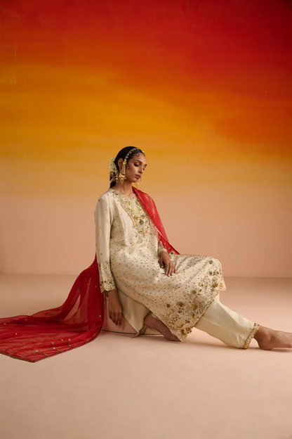 Light Yellow Opara Silk Hand Embroidered Kurta Set