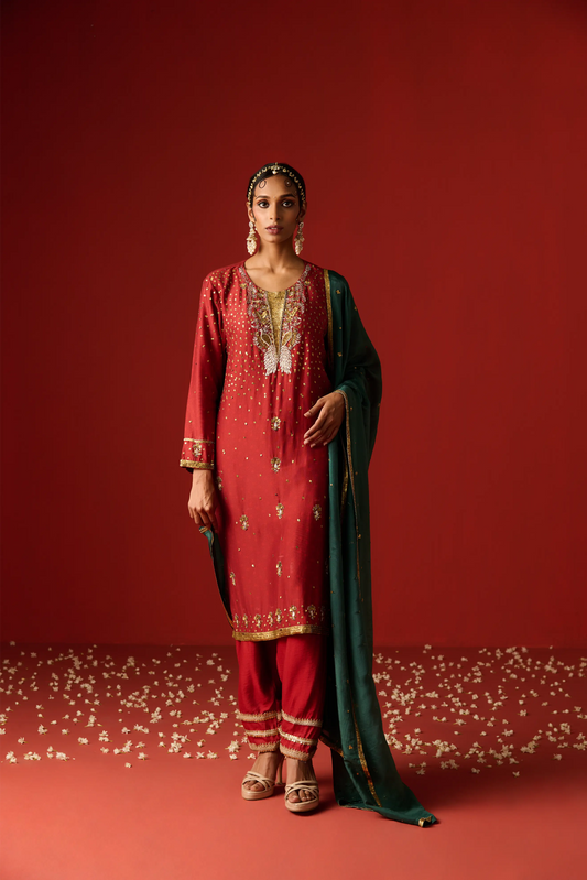 Maroon Chanderi Silk Hand Embroidered & Printed Kurta Set