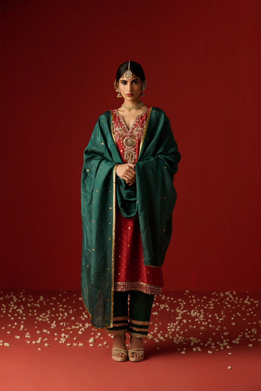 Maroon Chanderi Silk Hand Embroidered & Printed Kurta Set
