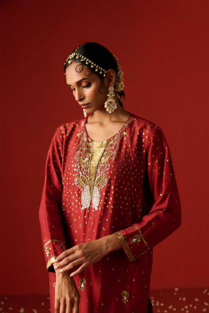 Maroon Chanderi Silk Hand Embroidered & Printed Kurta Set