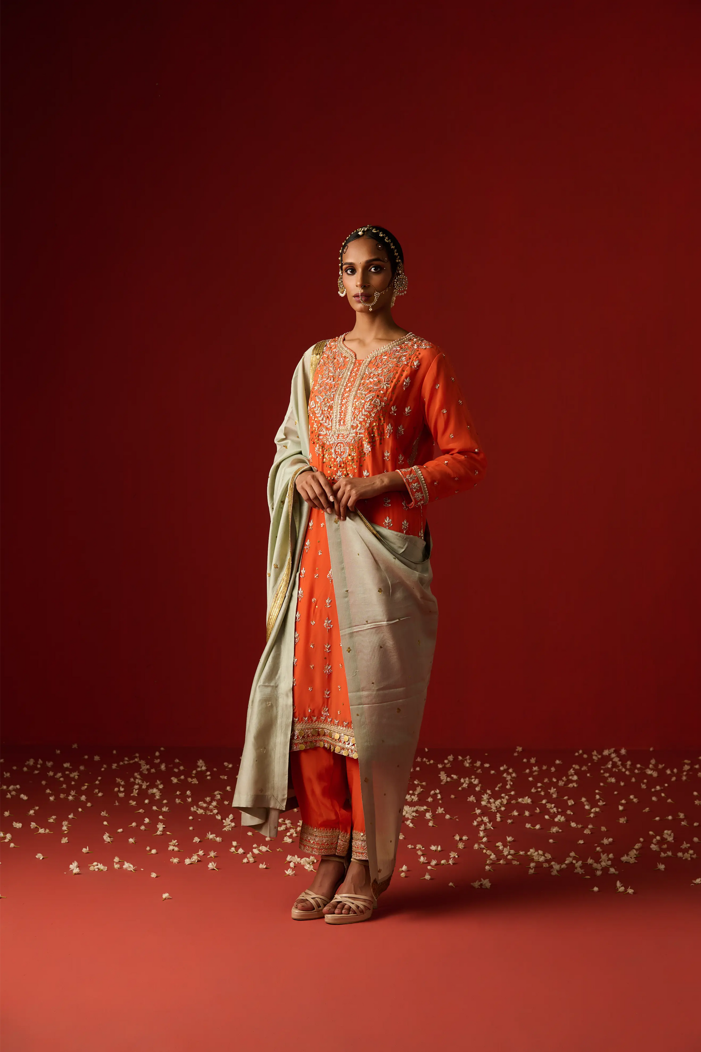 Orange Crepe Hand Embroidered Kurta Set
