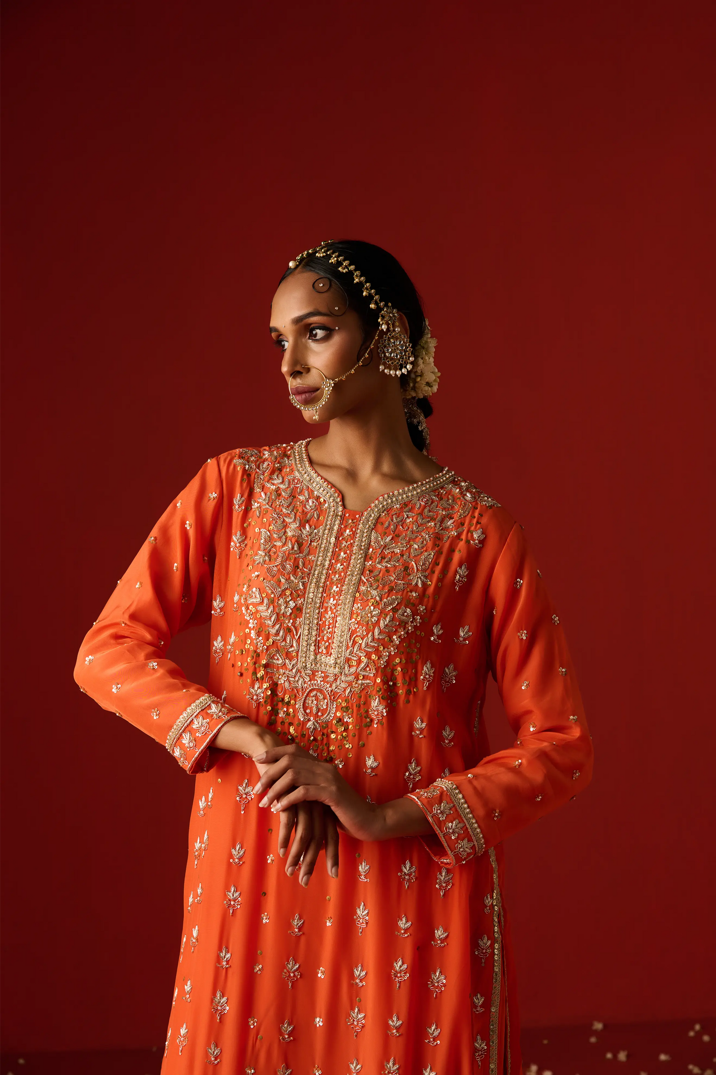 Orange Crepe Hand Embroidered Kurta Set