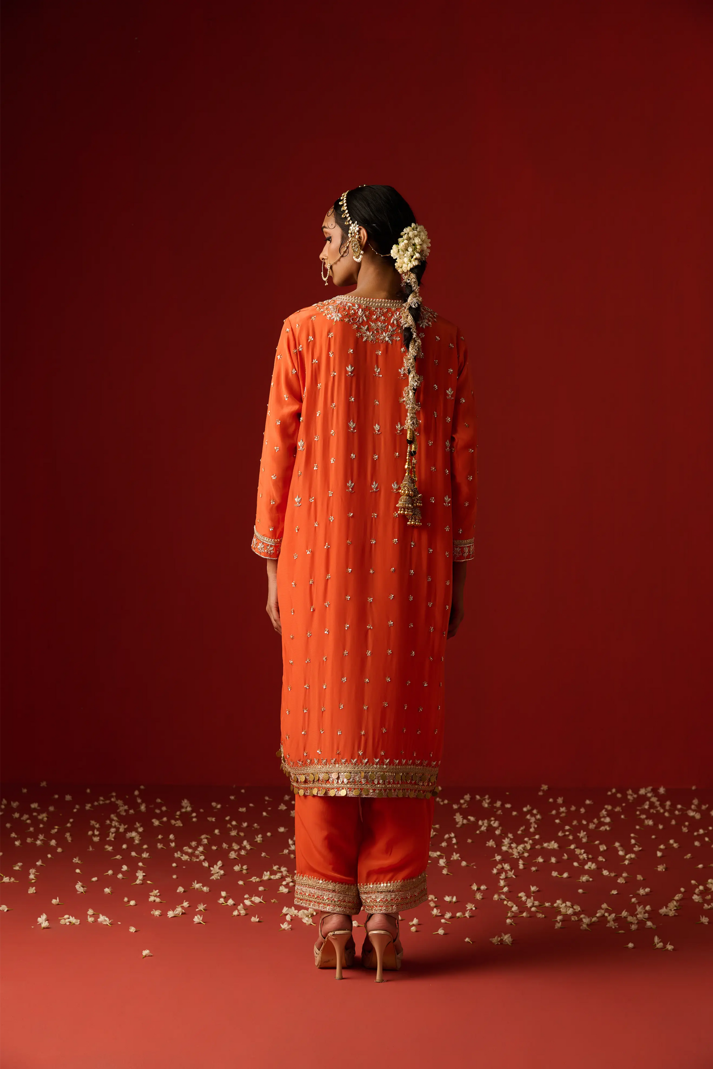 Orange Crepe Hand Embroidered Kurta Set