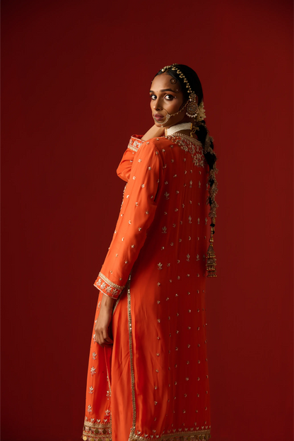 Orange Crepe Hand Embroidered Kurta Set