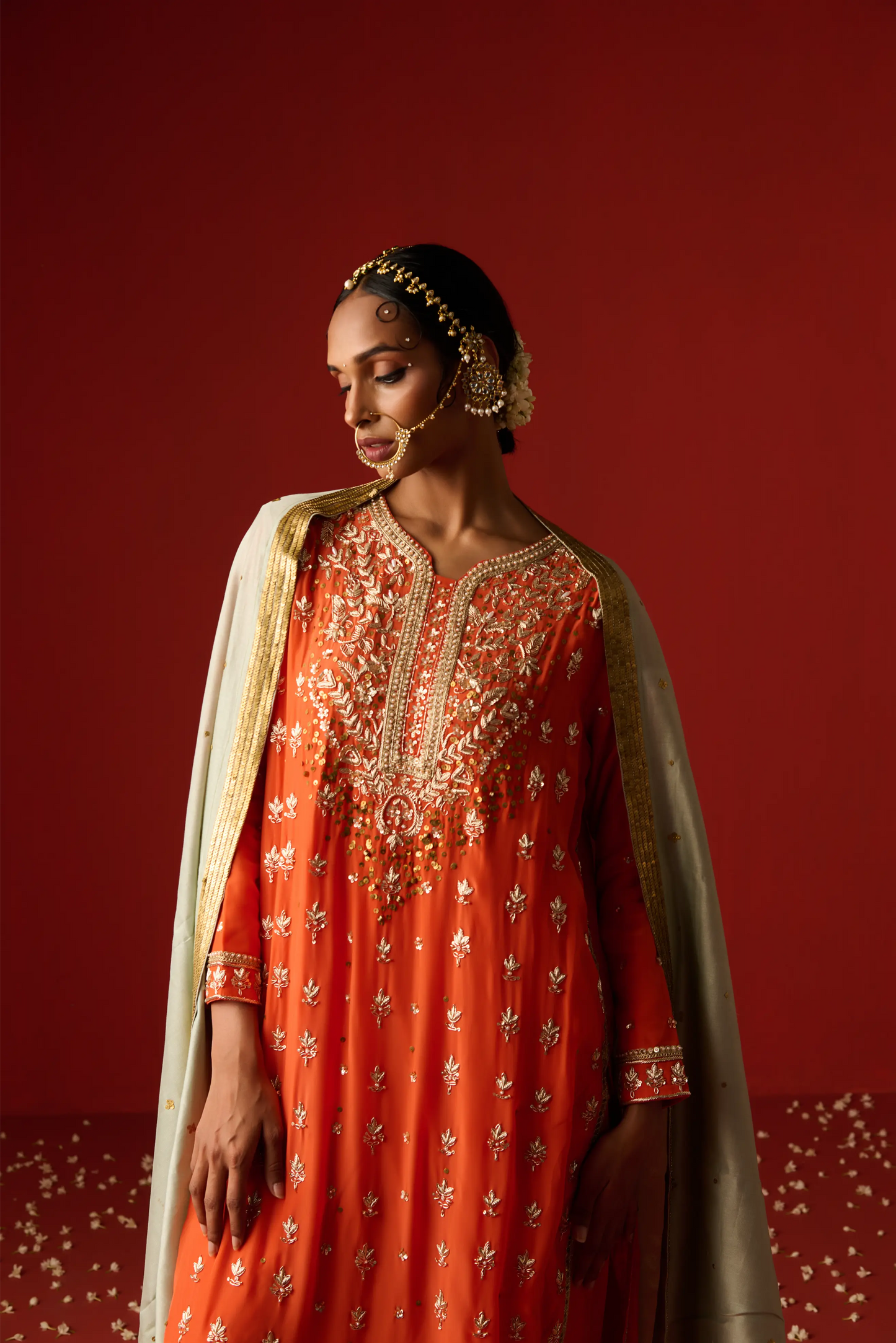 Orange Crepe Hand Embroidered Kurta Set