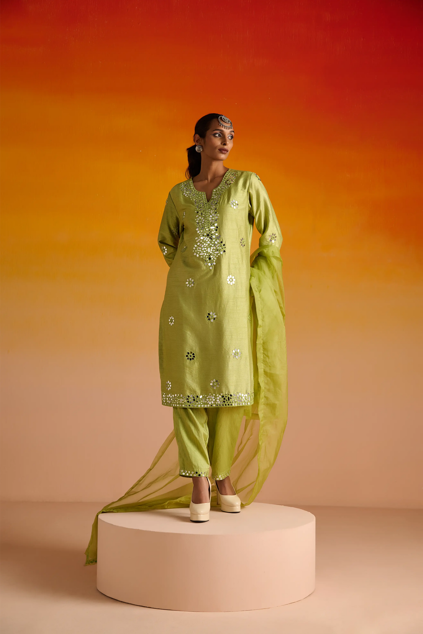 Parrot Green Raw Silk Mirror Hand Embroidered Kurta Set