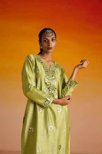 Parrot Green Raw Silk Mirror Hand Embroidered Kurta Set