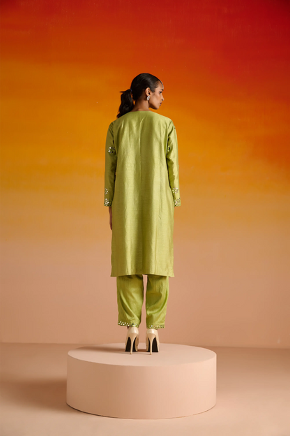 Parrot Green Raw Silk Mirror Hand Embroidered Kurta Set