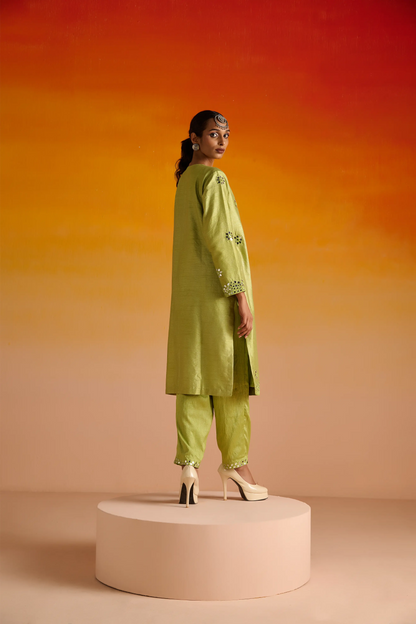 Parrot Green Raw Silk Mirror Hand Embroidered Kurta Set