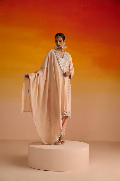 Peach Opara Silk Hand Embroidered Kurta Set