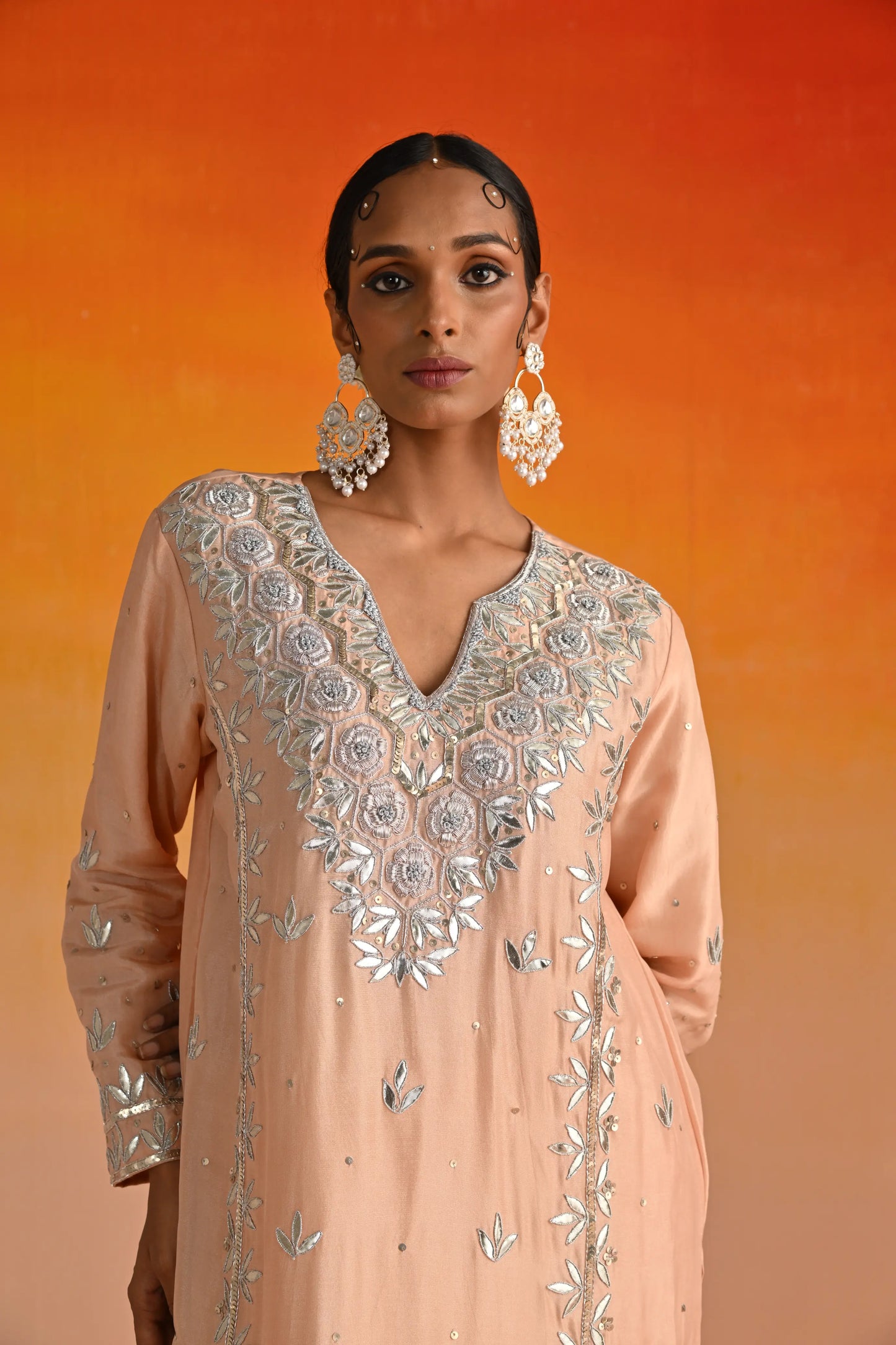 Peach Opara Silk Hand Embroidered Kurta Set