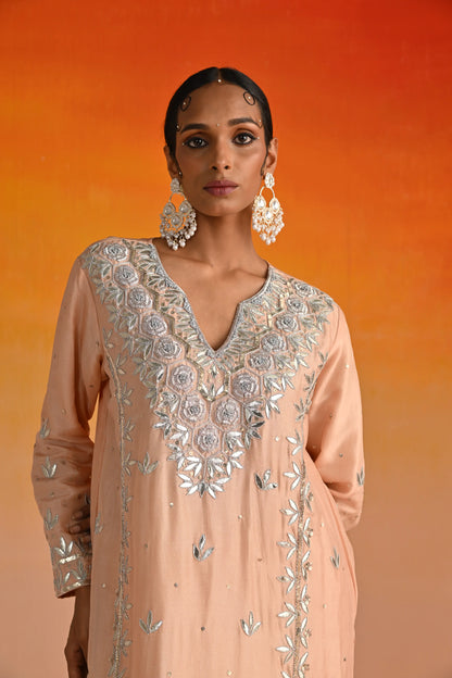 Peach Opara Silk Hand Embroidered Kurta Set