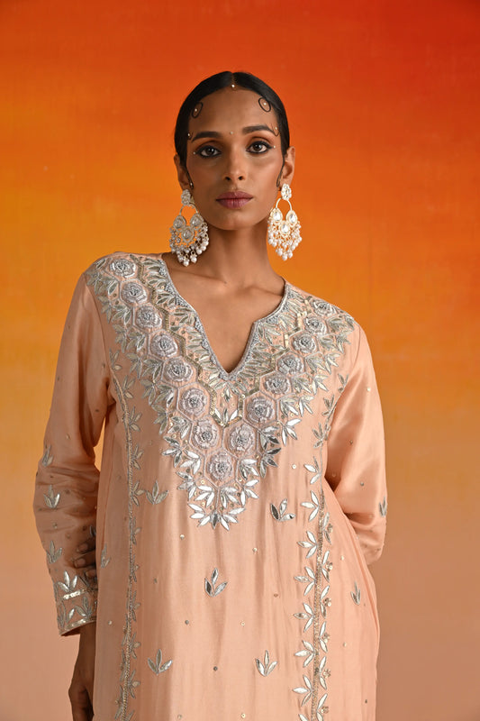 Peach Opara Silk Hand Embroidered Kurta Set