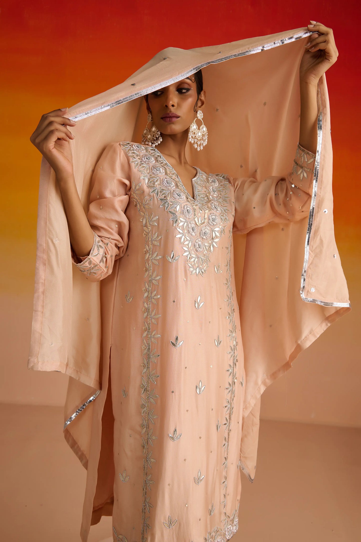 Peach Opara Silk Hand Embroidered Kurta Set