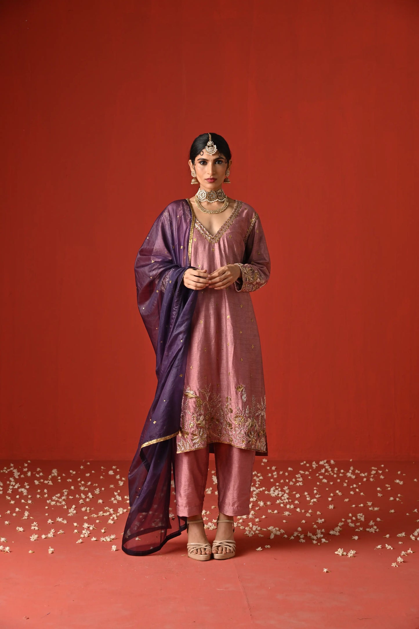 Pink Raw Silk Hand Embroidered Kurta Set