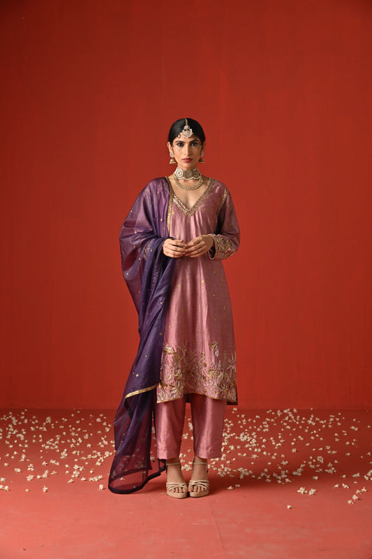 Pink Raw Silk Hand Embroidered Kurta Set