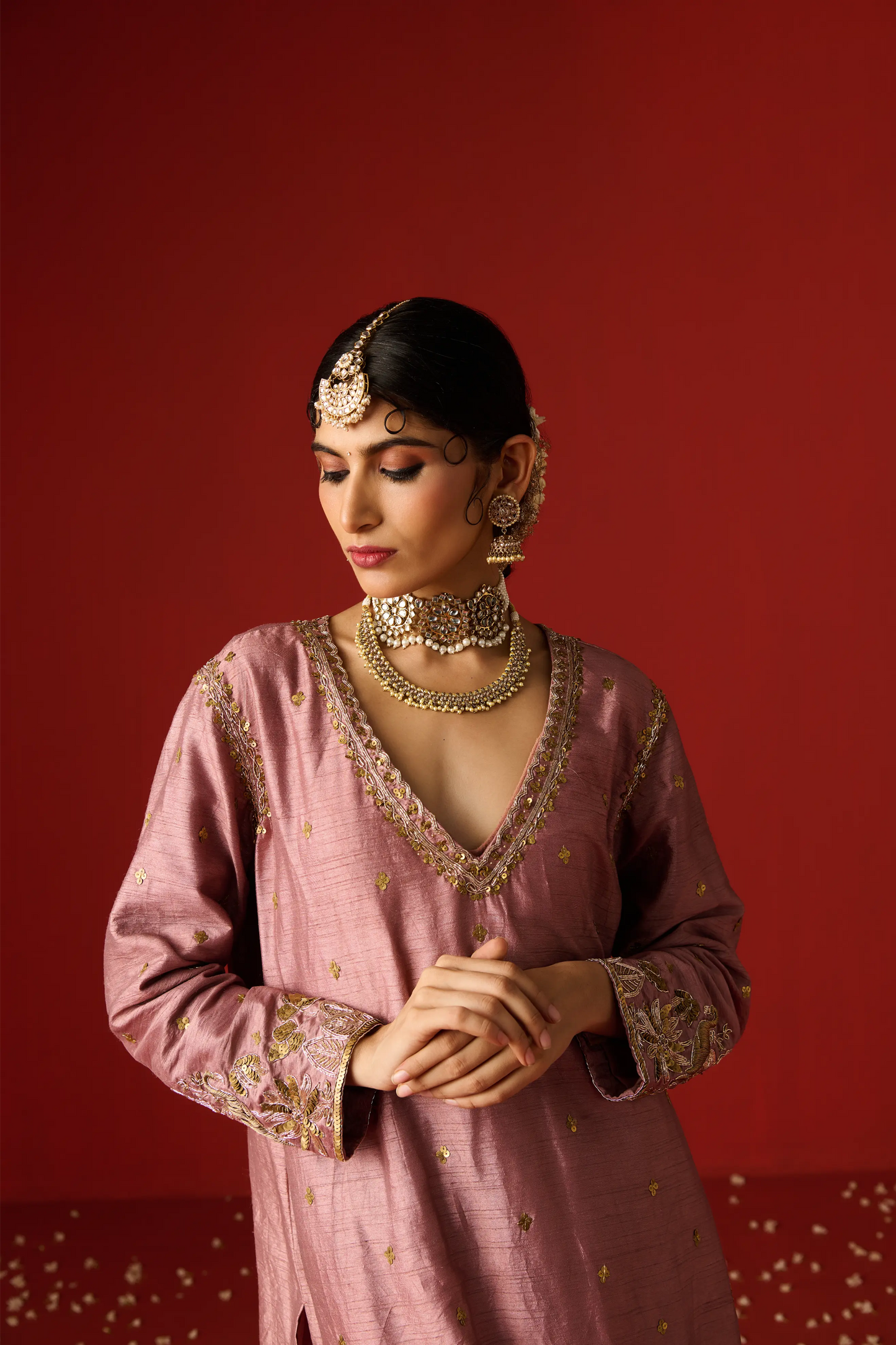 Pink Raw Silk Hand Embroidered Kurta Set