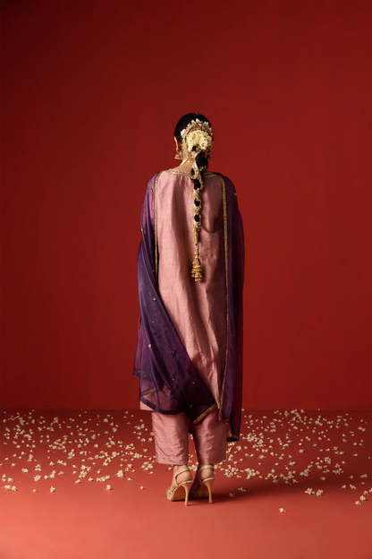 Pink Raw Silk Hand Embroidered Kurta Set