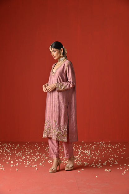 Pink Raw Silk Hand Embroidered Kurta Set