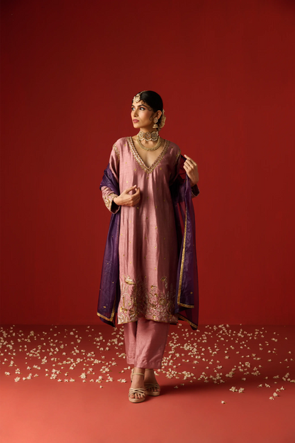Pink Raw Silk Hand Embroidered Kurta Set