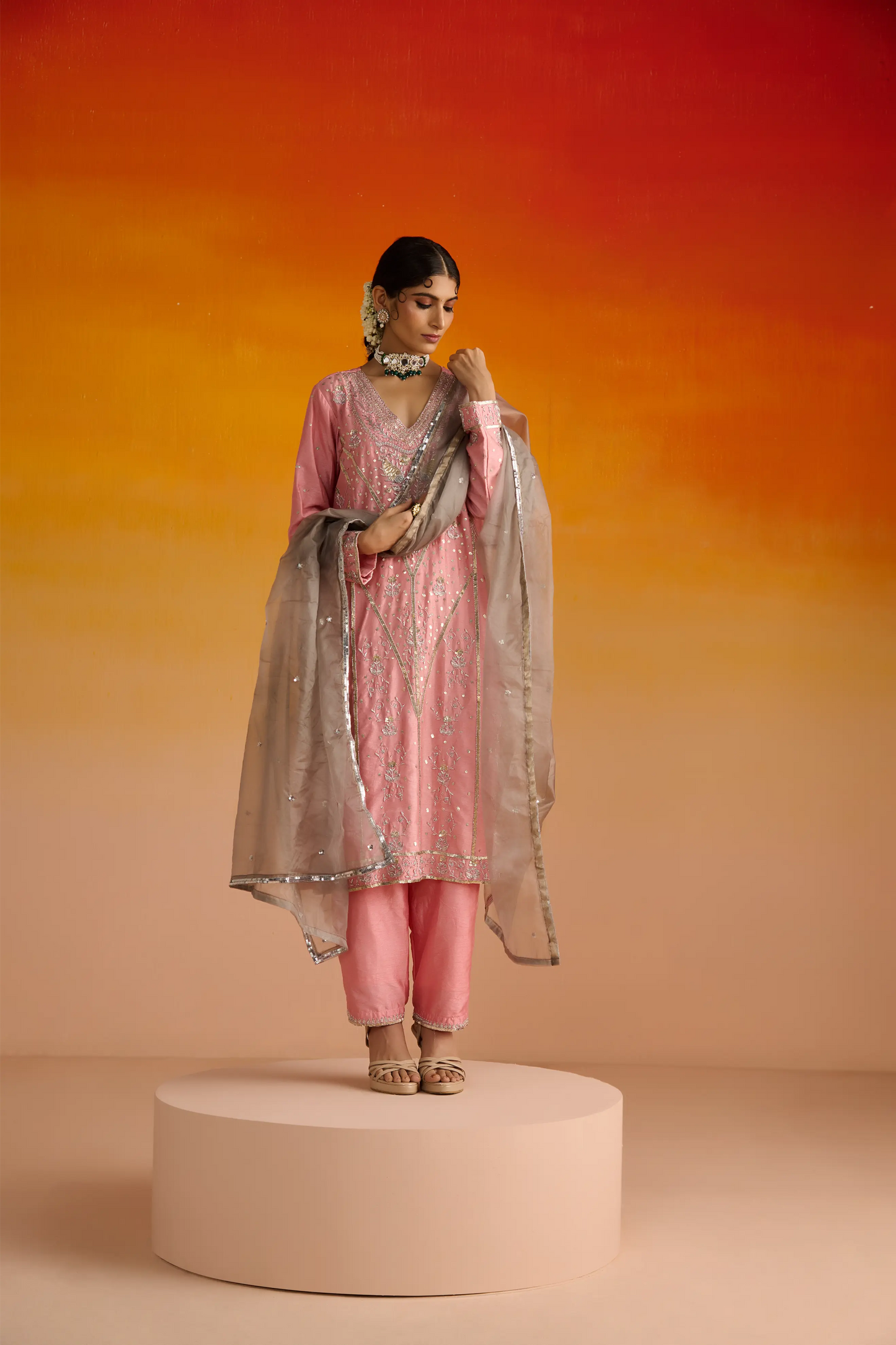 Pink Raw Silk Hand Embroidered Kurta Set