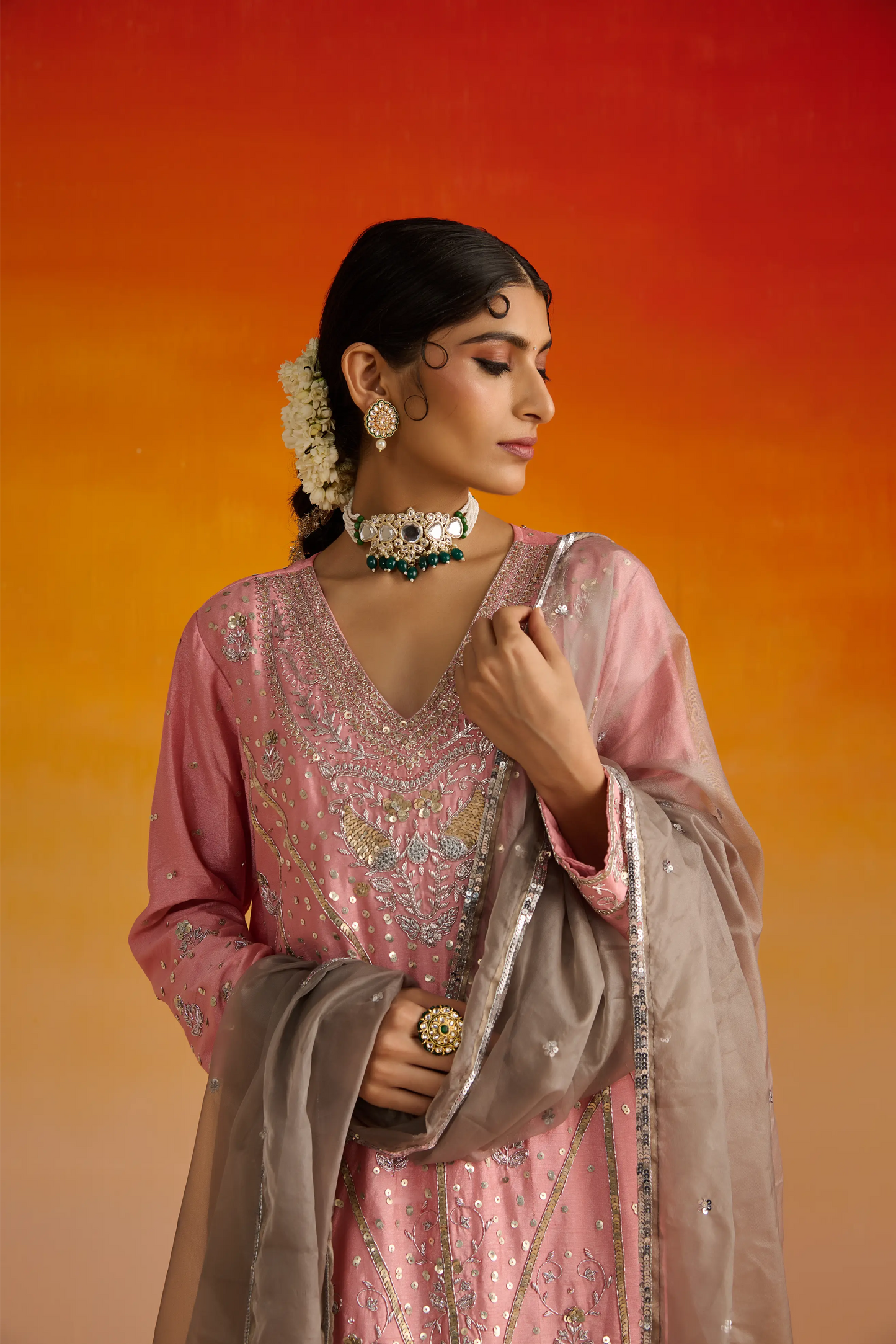 Pink Raw Silk Hand Embroidered Kurta Set