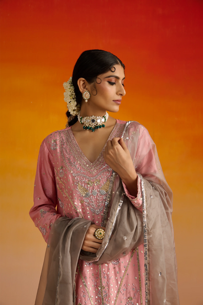 Pink Raw Silk Hand Embroidered Kurta Set