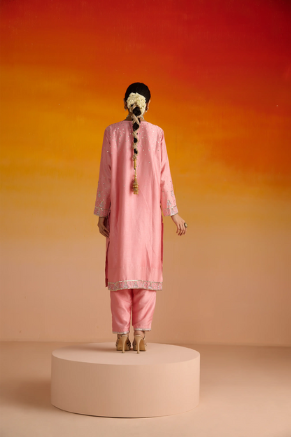 Pink Raw Silk Hand Embroidered Kurta Set