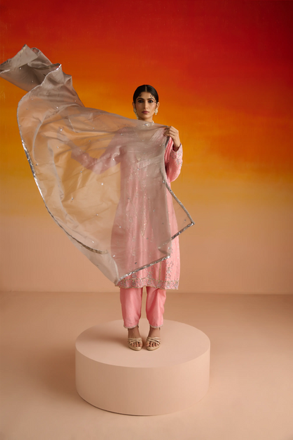Pink Raw Silk Hand Embroidered Kurta Set