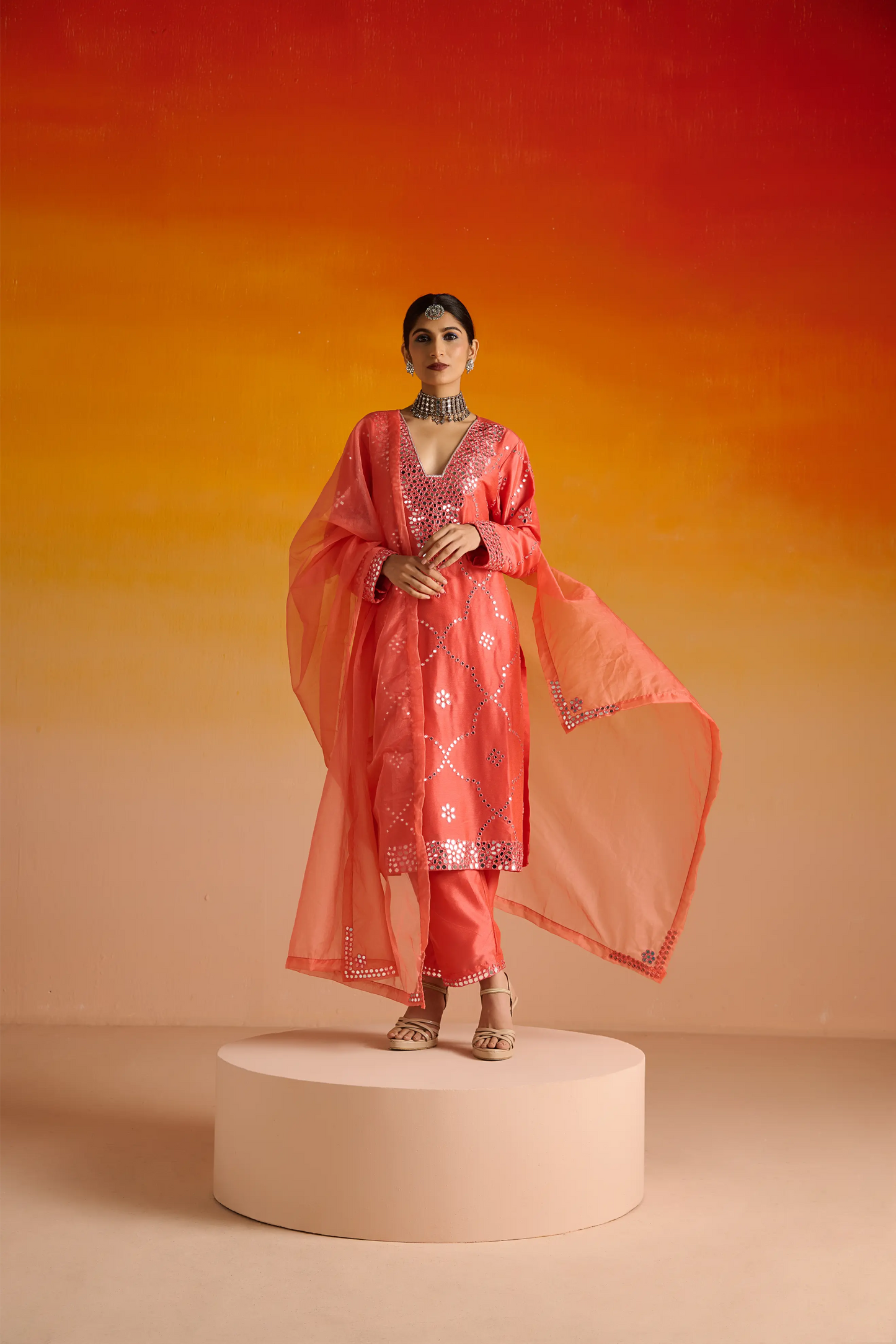 Pink Raw Silk Mirror Hand Embroidered Kurta Set