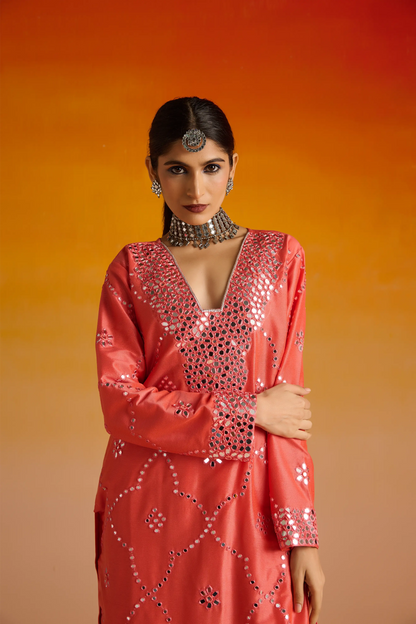Pink Raw Silk Mirror Hand Embroidered Kurta Set