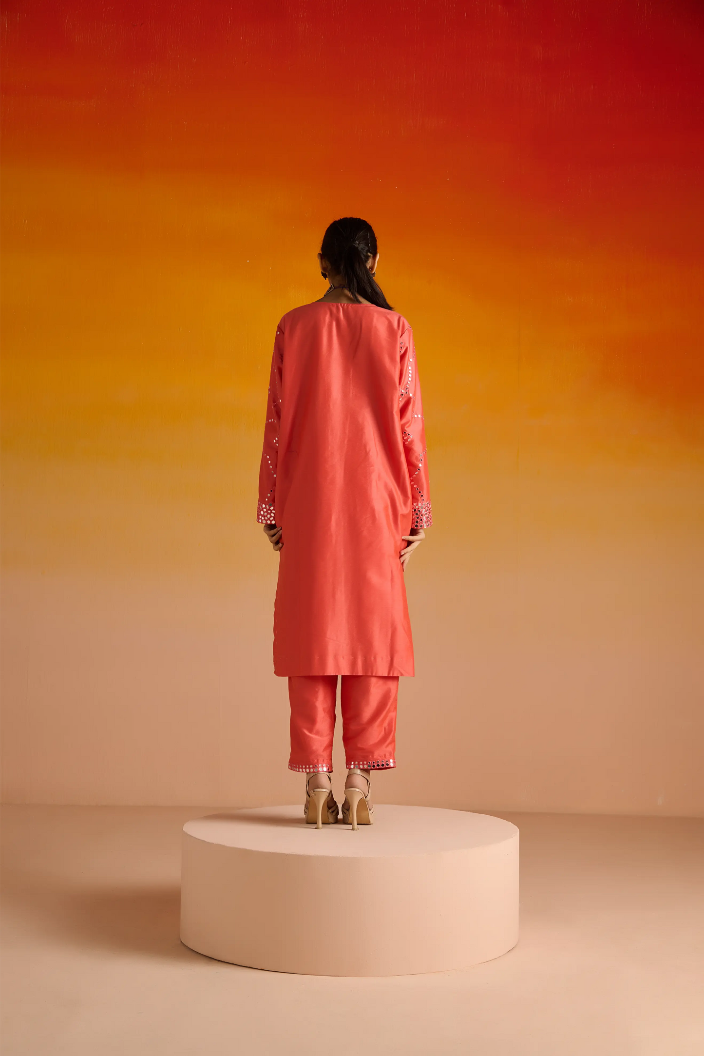 Pink Raw Silk Mirror Hand Embroidered Kurta Set