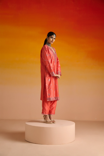 Pink Raw Silk Mirror Hand Embroidered Kurta Set