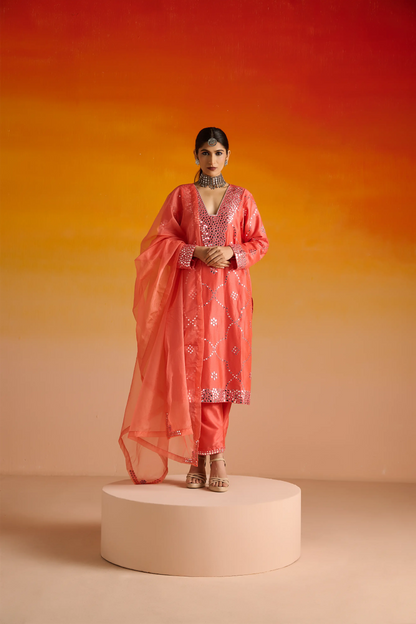 Pink Raw Silk Mirror Hand Embroidered Kurta Set