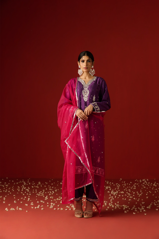 Purple Raw Silk Hand Embroidered Kurta Set