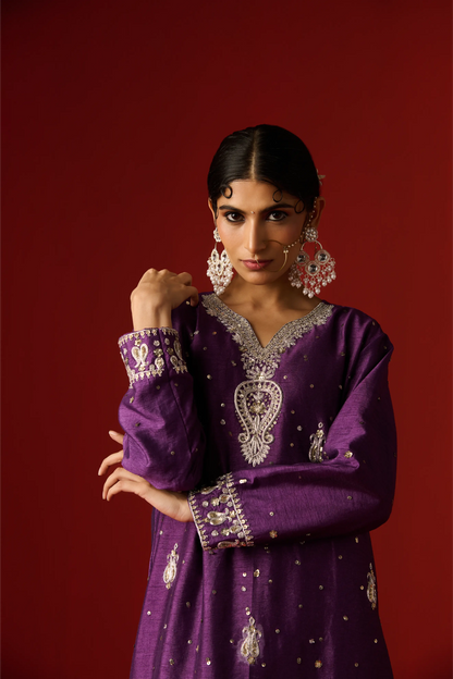 Purple Raw Silk Hand Embroidered Kurta Set