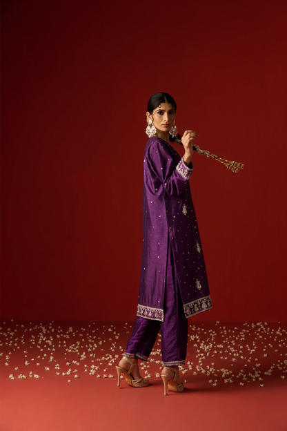 Purple Raw Silk Hand Embroidered Kurta Set