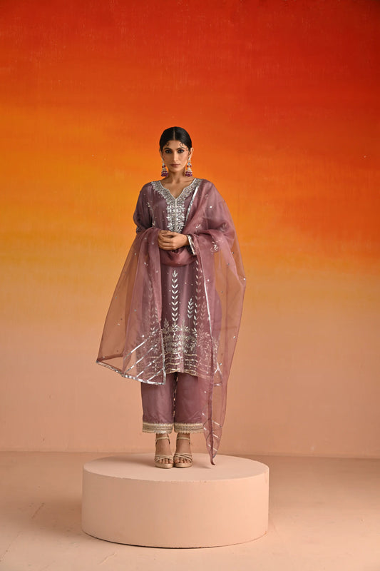 Purple Opara Silk Hand Embroidered Kurta Set