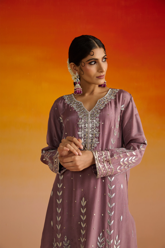 Purple Opara Silk Hand Embroidered Kurta Set