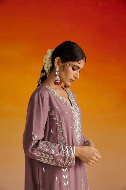 Purple Opara Silk Hand Embroidered Kurta Set