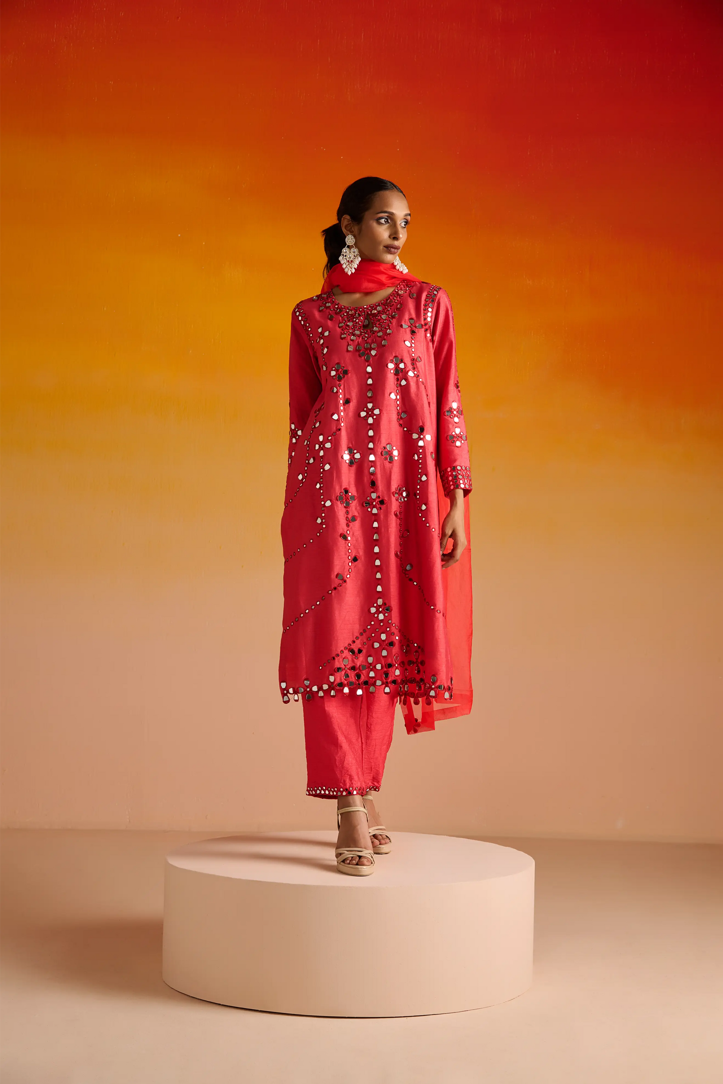 Red Raw Silk Mirror Hand Embroidered Kurta Set