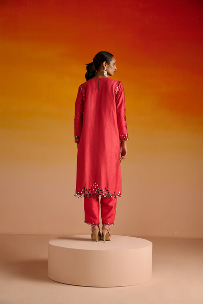 Red Raw Silk Mirror Hand Embroidered Kurta Set