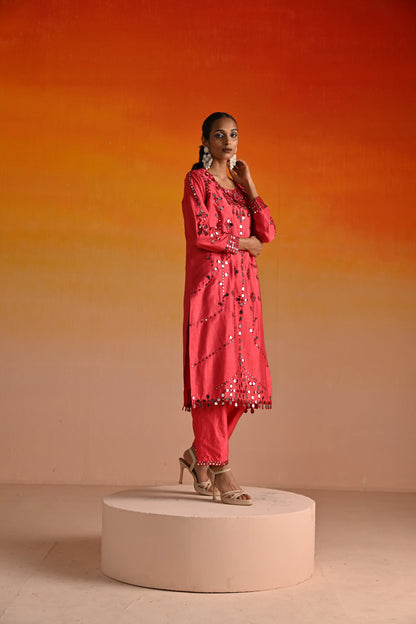 Red Raw Silk Mirror Hand Embroidered Kurta Set