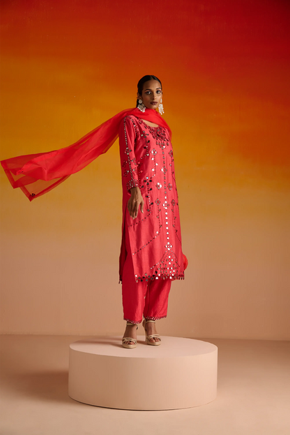Red Raw Silk Mirror Hand Embroidered Kurta Set