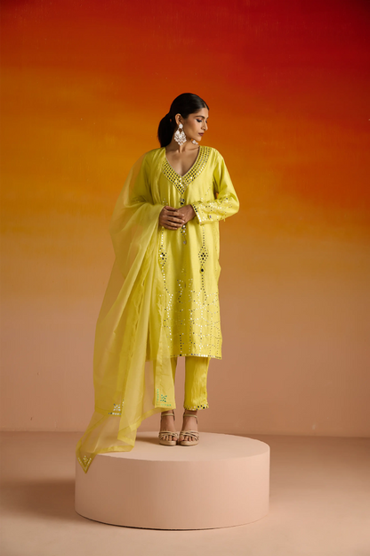Yellow Raw Silk Mirror Hand Embroidered Kurta Set