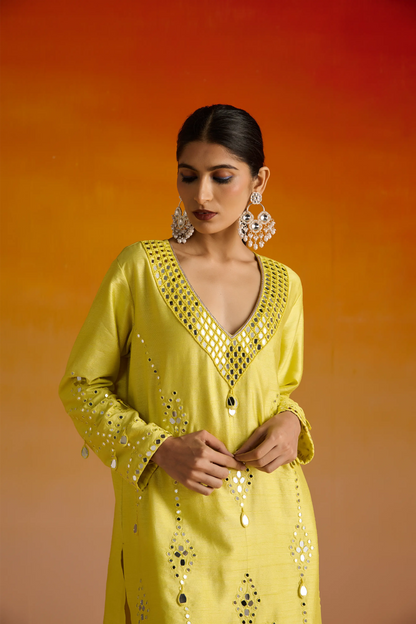 Yellow Raw Silk Mirror Hand Embroidered Kurta Set