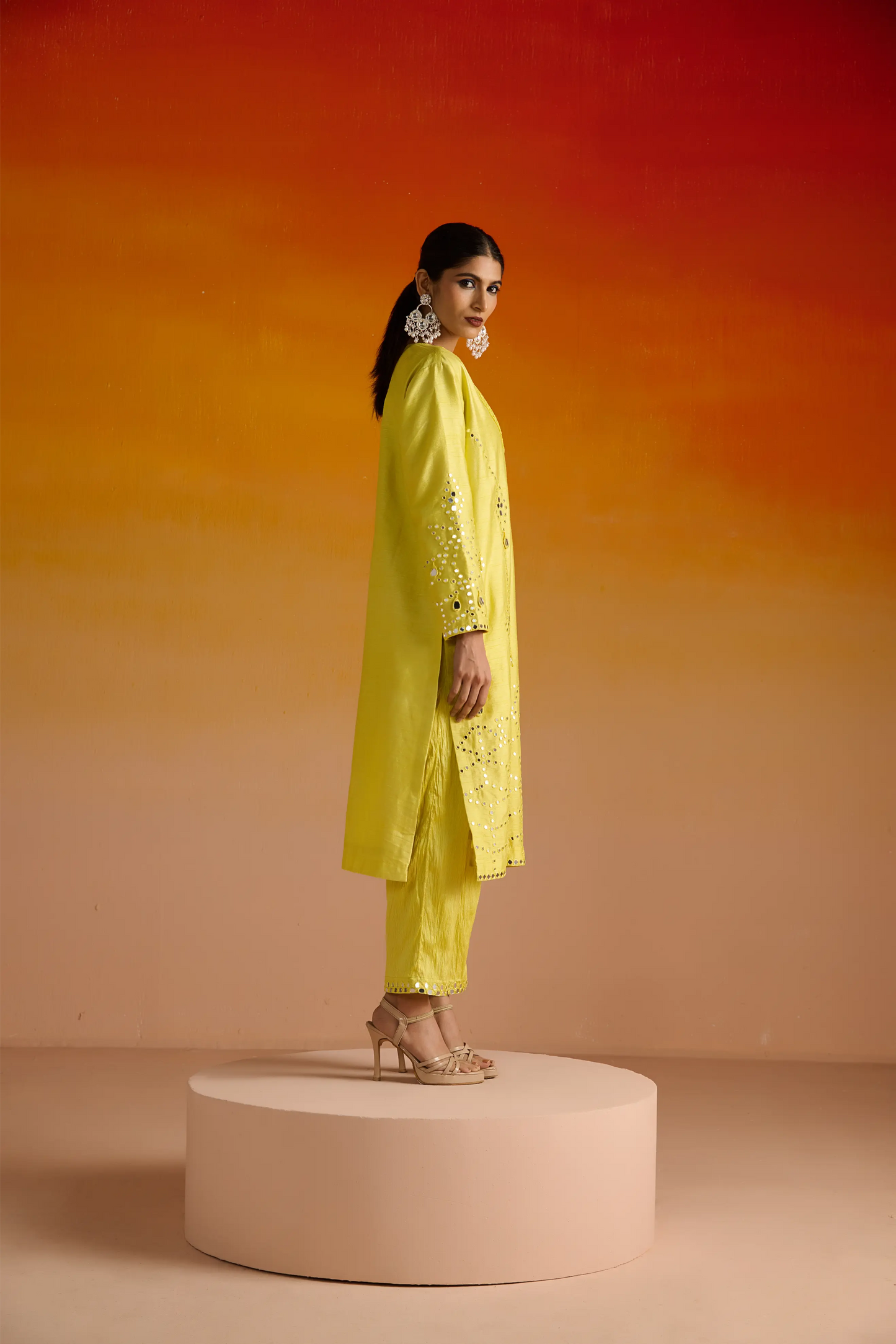 Yellow Raw Silk Mirror Hand Embroidered Kurta Set