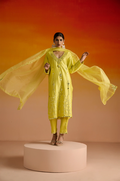 Yellow Raw Silk Mirror Hand Embroidered Kurta Set